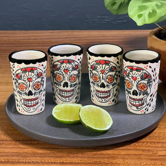 Colorful sugar skull ceramic shot glass set, perfect for gifts or home bar