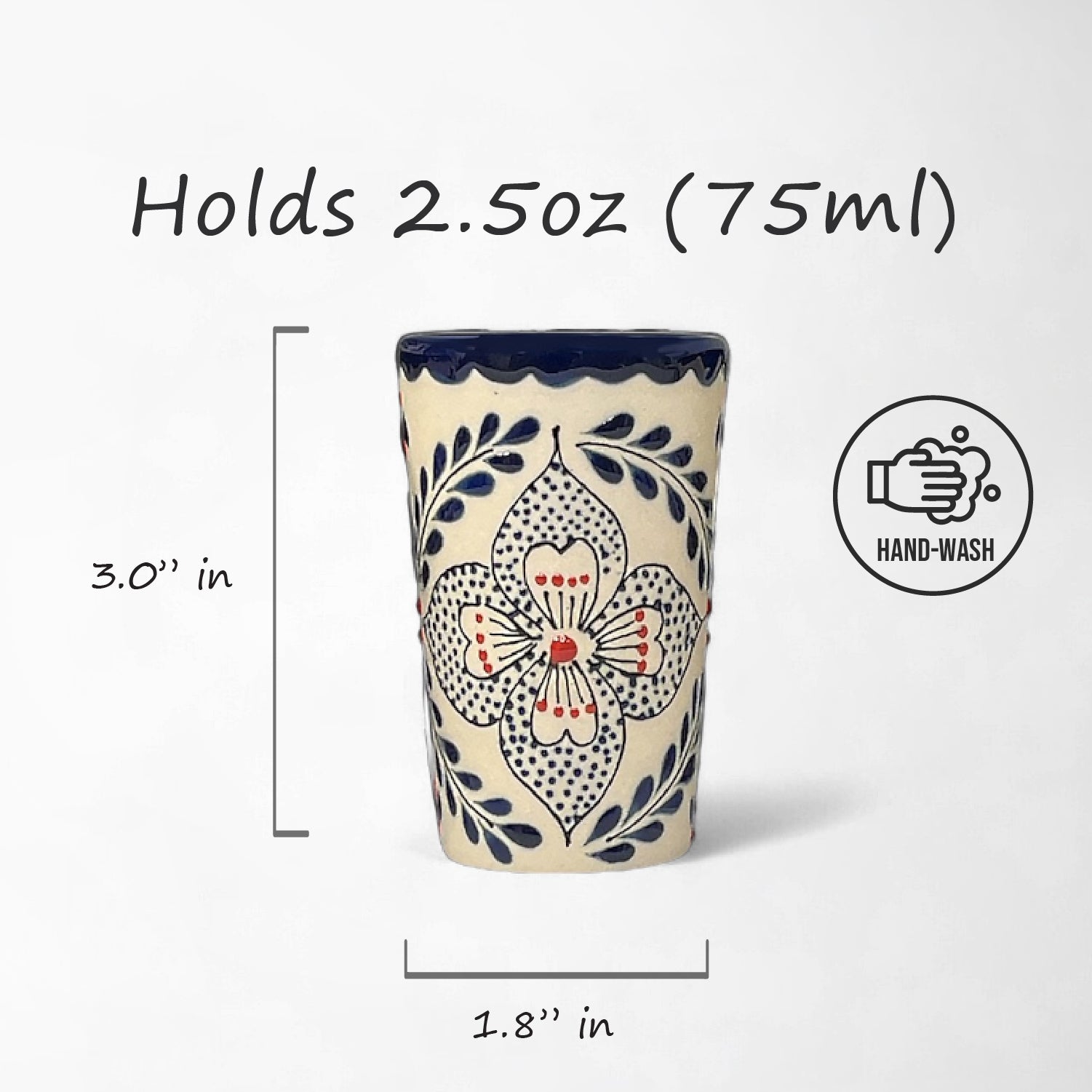 Set of four Mexican Talavera shot glasses, hand-painted with intricate designs in red and blue