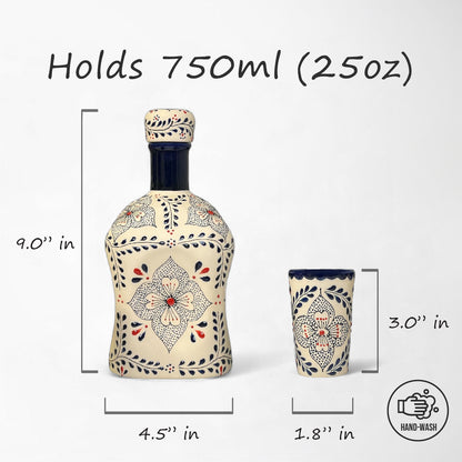 decorative tequila decanter and shot glass with floral talavera design for entertaining