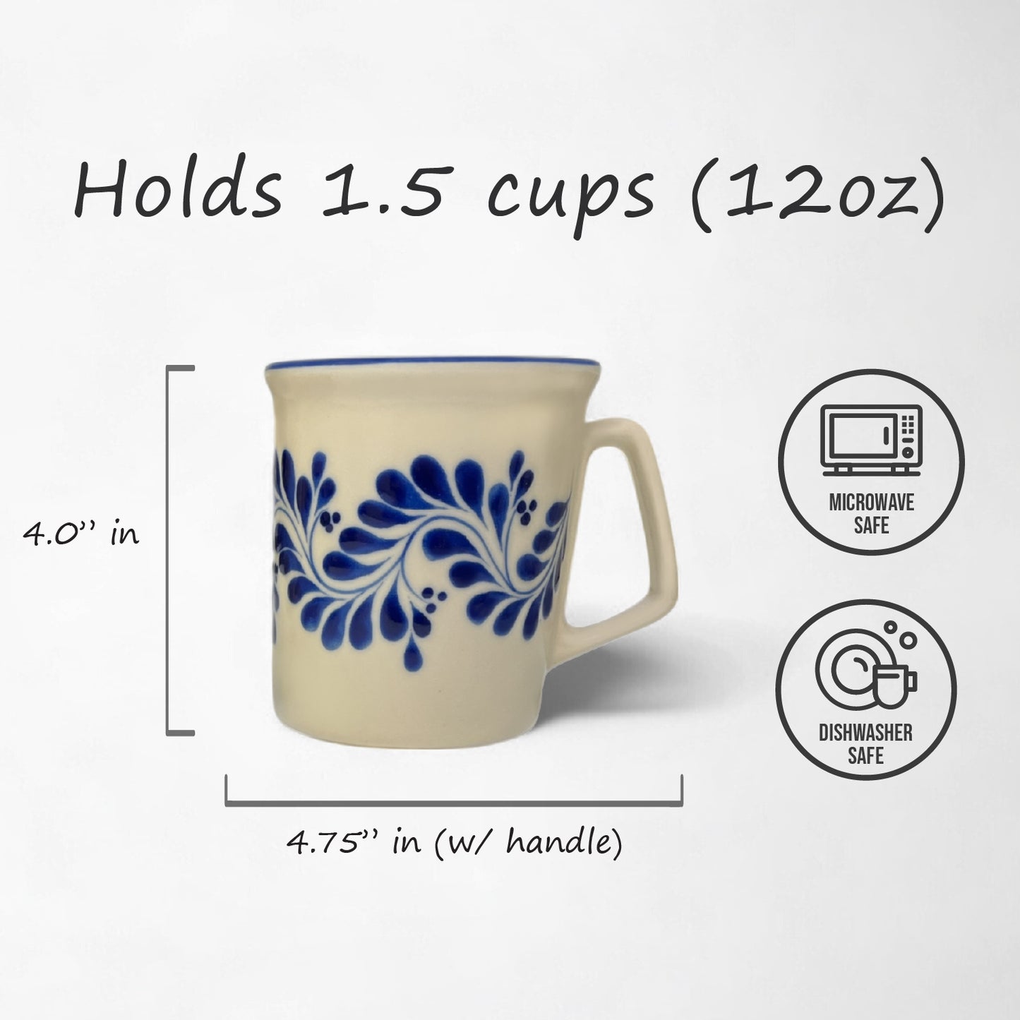 A handmade ceramic hot beverage mug with a blue floral pattern