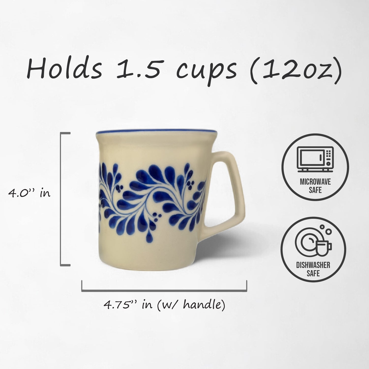 A handmade ceramic hot beverage mug with a blue floral pattern