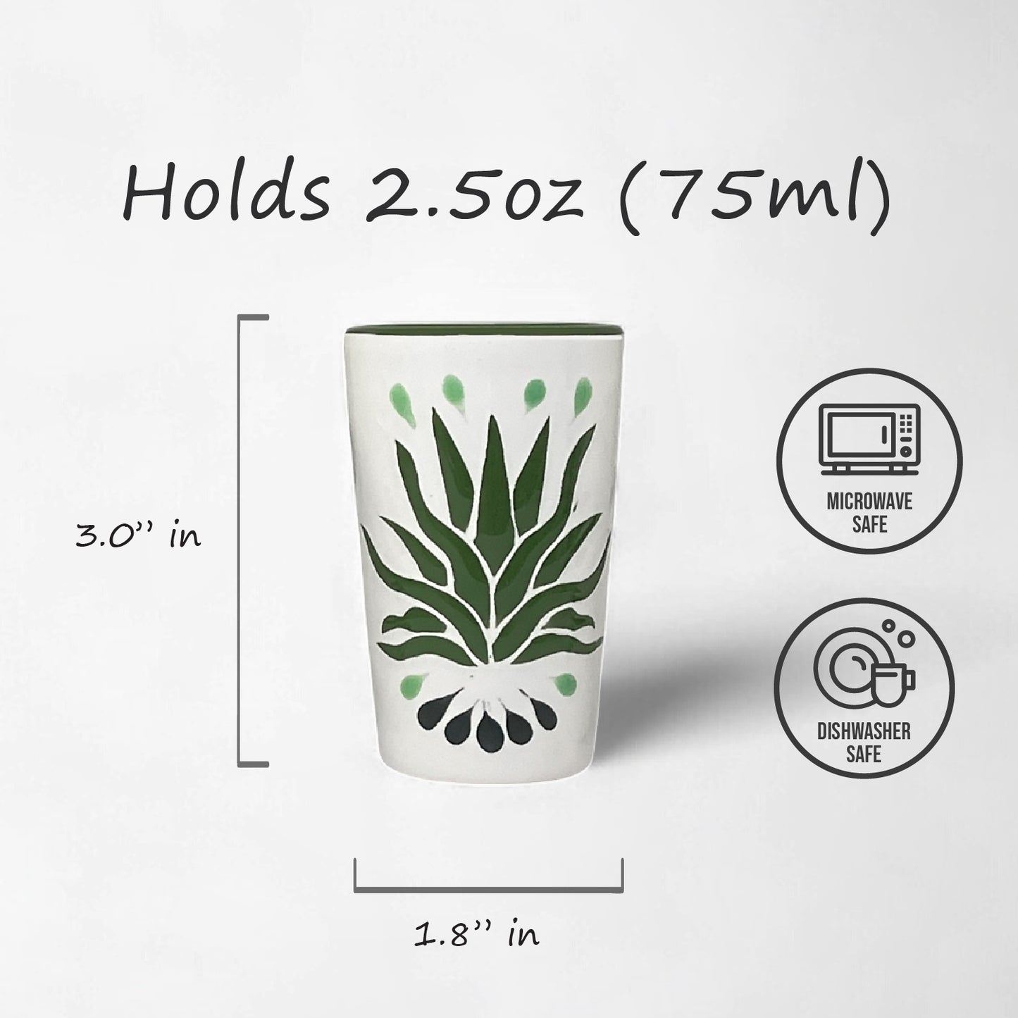 Four-piece ceramic shot glass set with detailed green agave motif, ideal for barware or gifts Hand made in Mexico