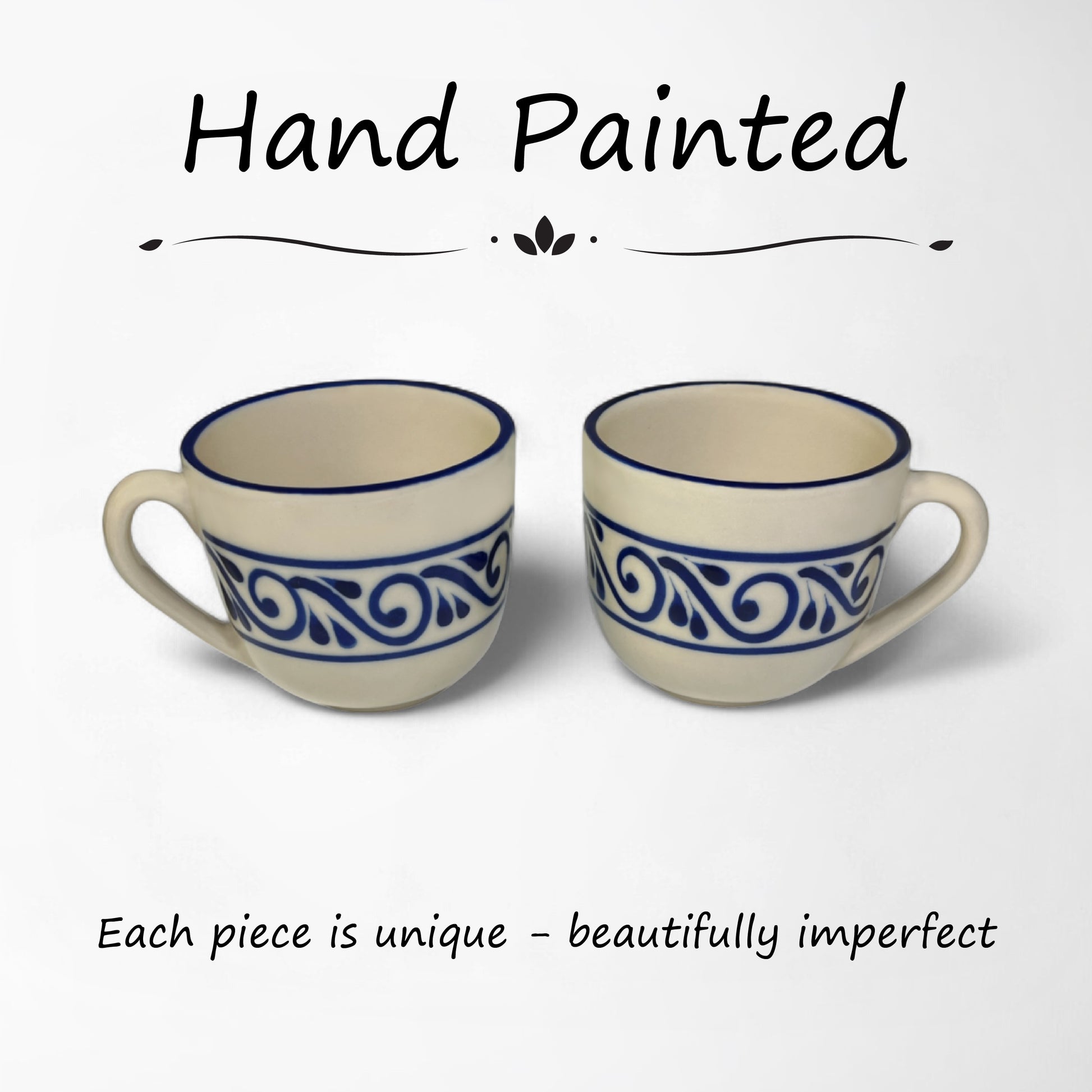 Hand-painted ceramic mugs in a matching set, ideal for coffee, tea, or hot chocolate.
