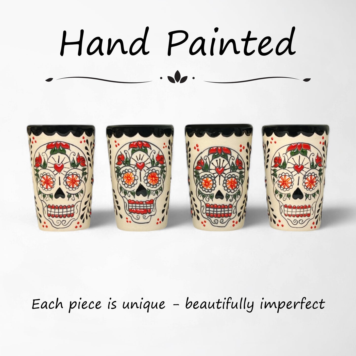 Talavera-style ceramic shot glasses, set of four, colorful skull pattern. Made in Mexico