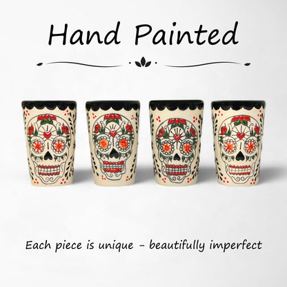 Talavera-style ceramic shot glasses, set of four, colorful skull pattern. Made in Mexico