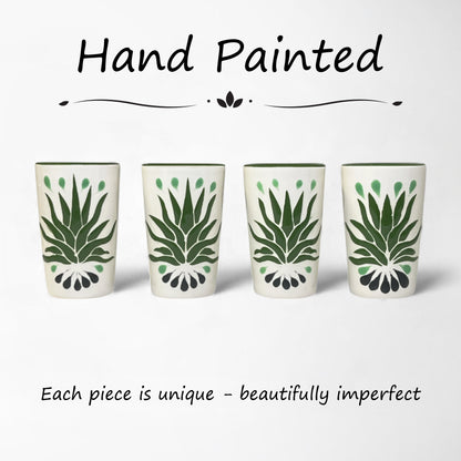 Set of four hand-painted ceramic shot glasses with green agave patterns. gift set