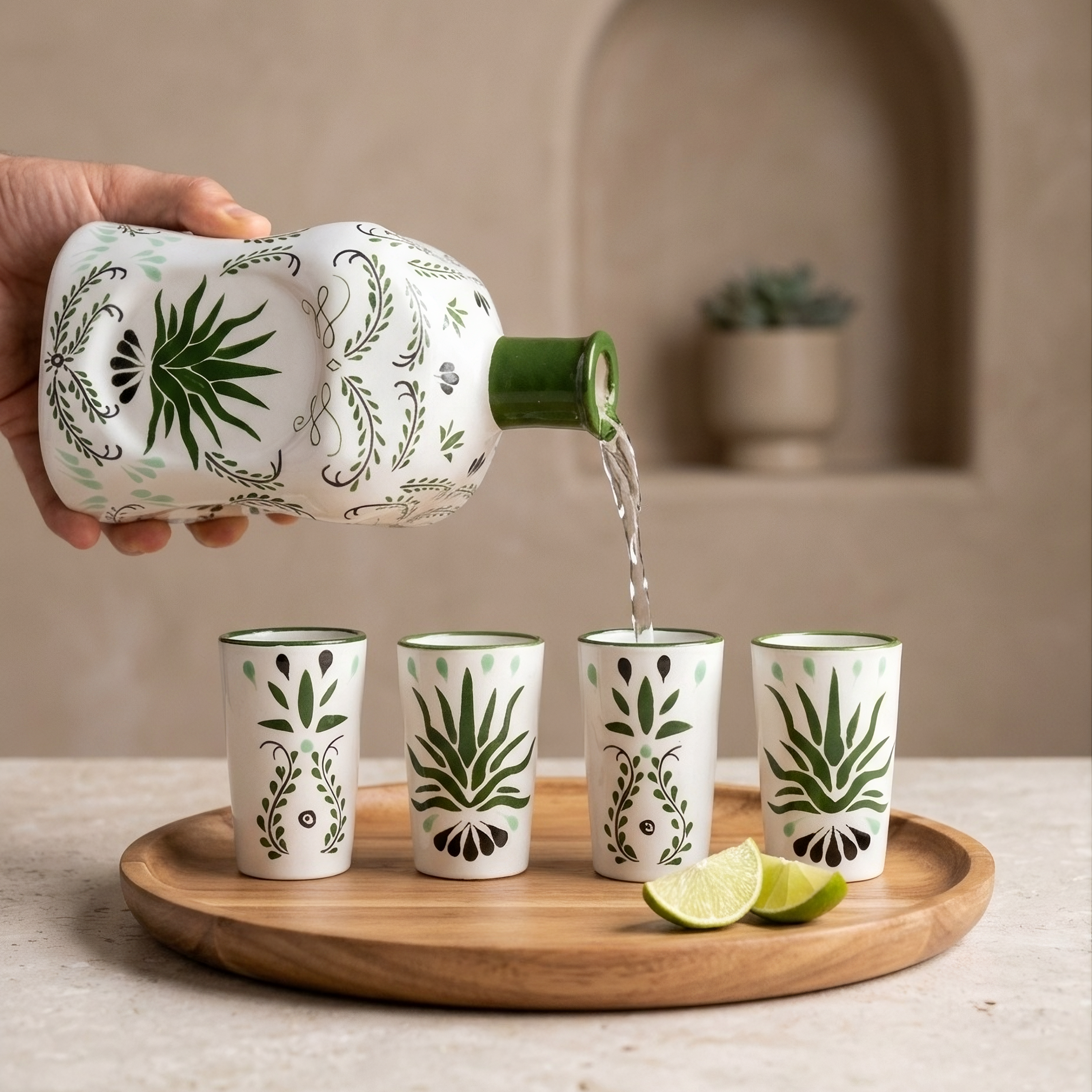 Handcrafted Talavera Agave Tequila Decanter Set with Shot Glasses