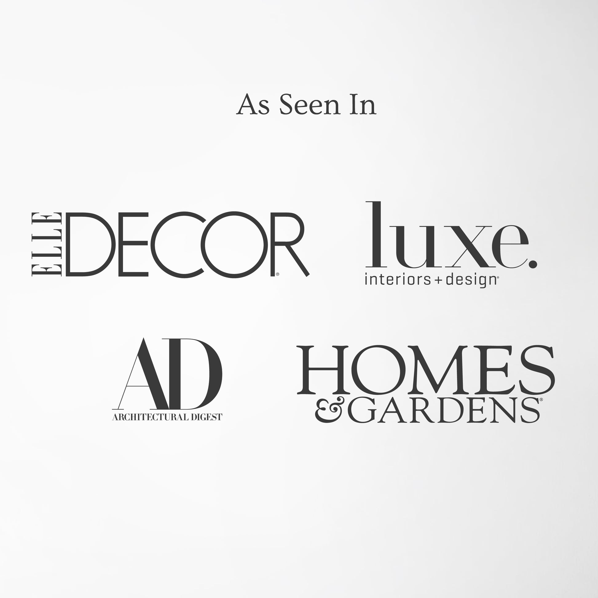 Logos of Elle Decor, Luxe, Architectural Digest, and Homes & Gardens on a white background