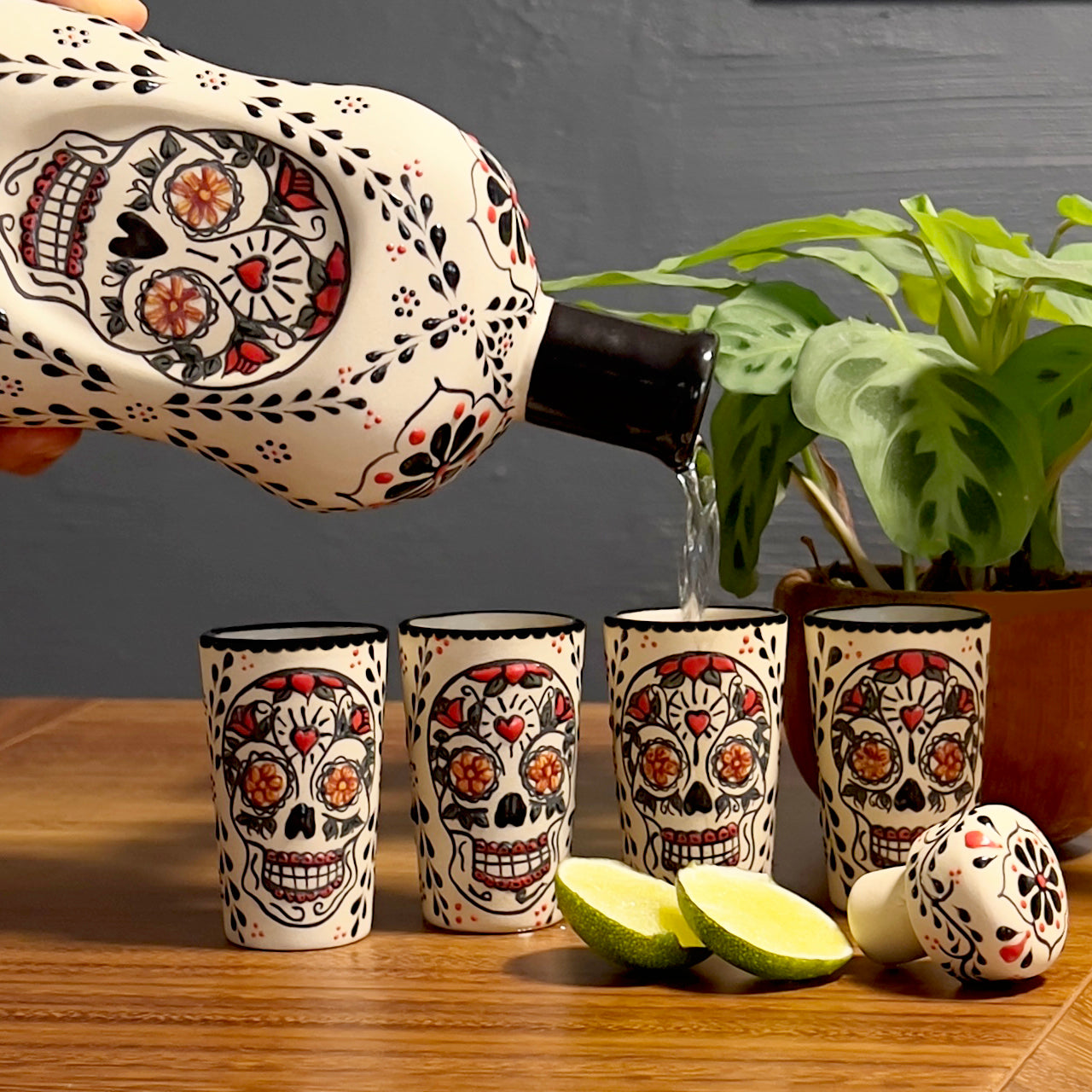 Luxury tequila shot glass set on home bar table.  hand-painted and unique.