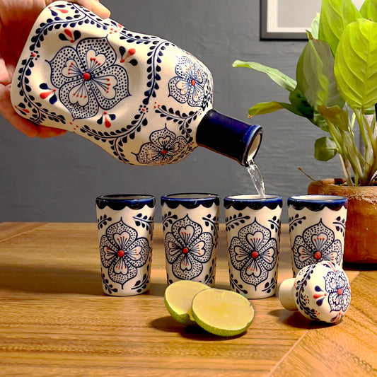 Home bar ceramic tequila decanter gift set with shot glasses with floral design. 