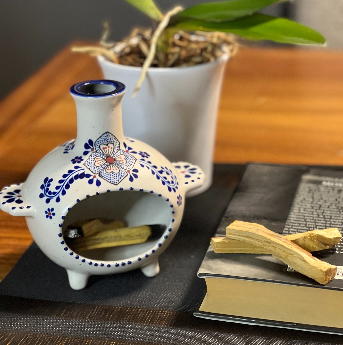 Small hand-painted ceramic chiminea for sage, incense, and tabletop decor 