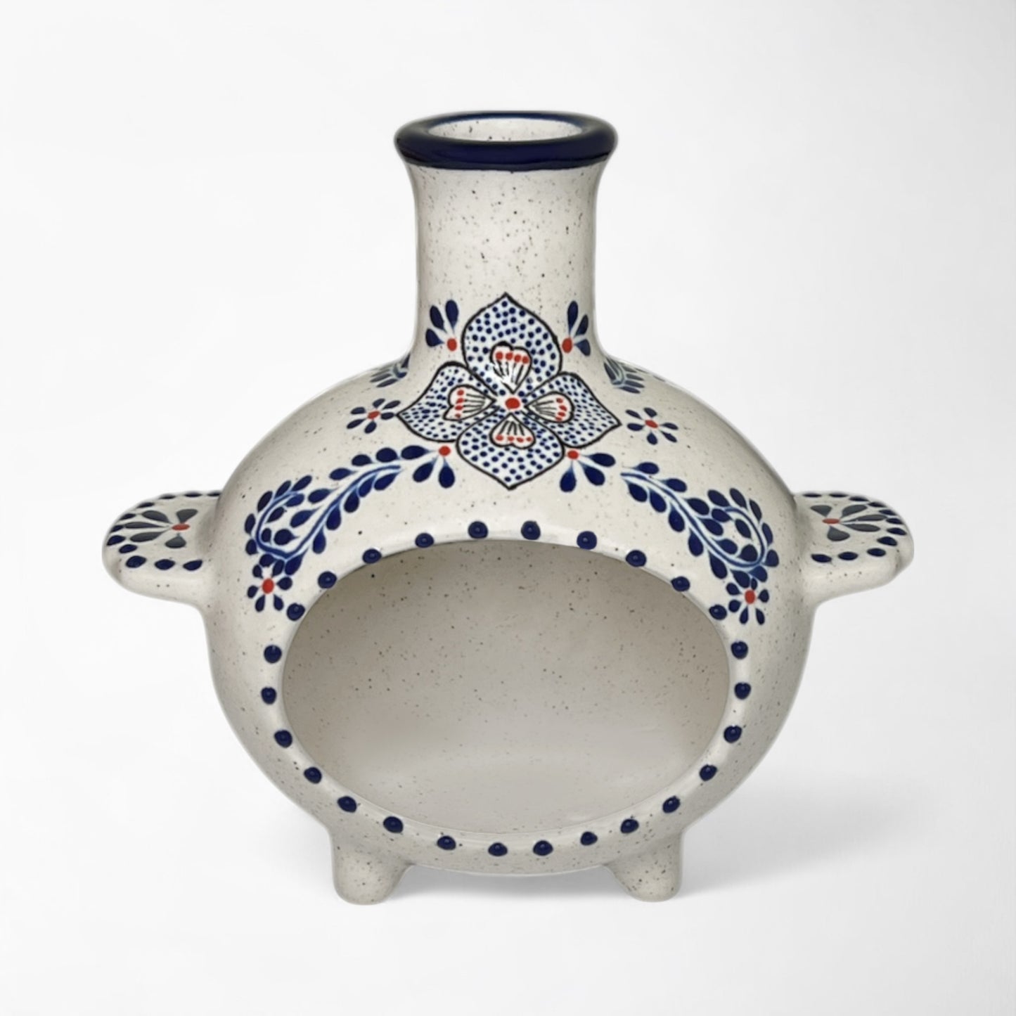 Ceramic chiminea with blue and red floral patterns. holds sage bundles, palo santo wood, or incense cones. 