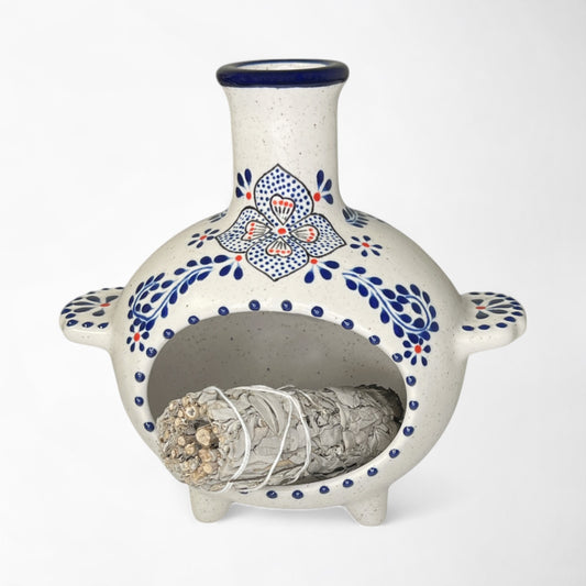 Handcrafted ceramic chiminea, perfect for sage bundles and gifts. hand painted and made in Mexico.