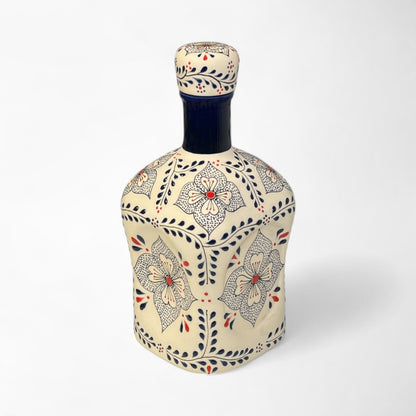 Elegant barware tequila decanter bottle with floral patterns. made in Mexico and hand painted