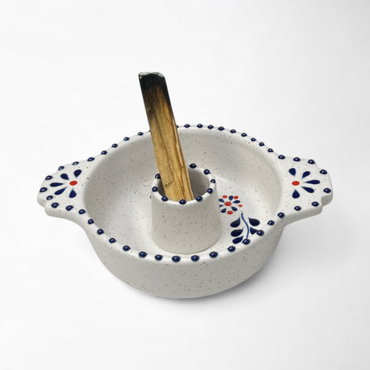 Hand-painted ceramic dish used as a Palo Santo holder or incense stick tray, ideal for ritual burning. hand made and painted in mexico