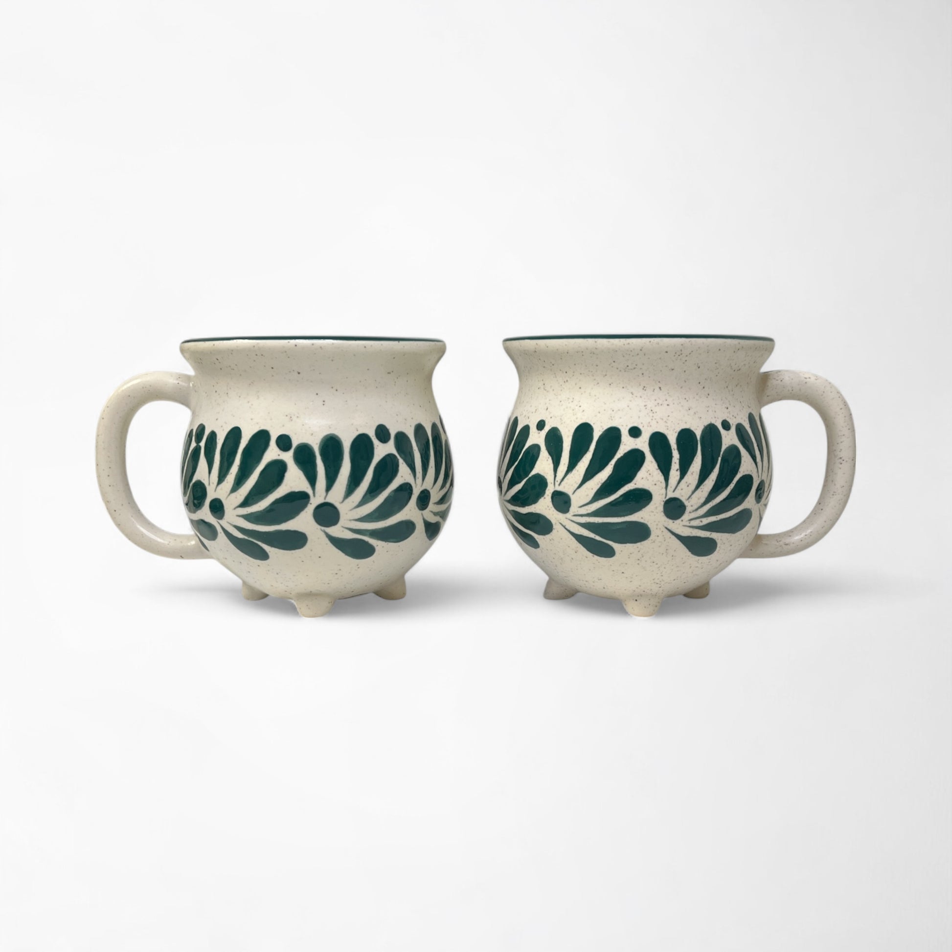 Hand-painted handmade ceramic coffee mug set with green floral design, perfect gift