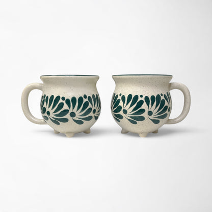 Hand-painted handmade ceramic coffee mug set with green floral design, perfect gift