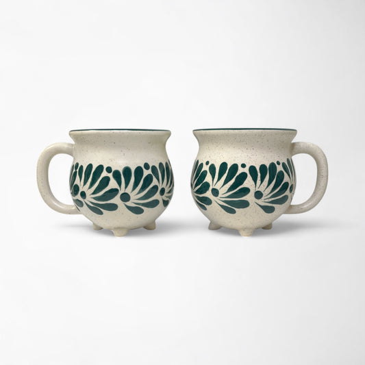 Hand-painted handmade ceramic coffee mug set with green floral design, perfect gift