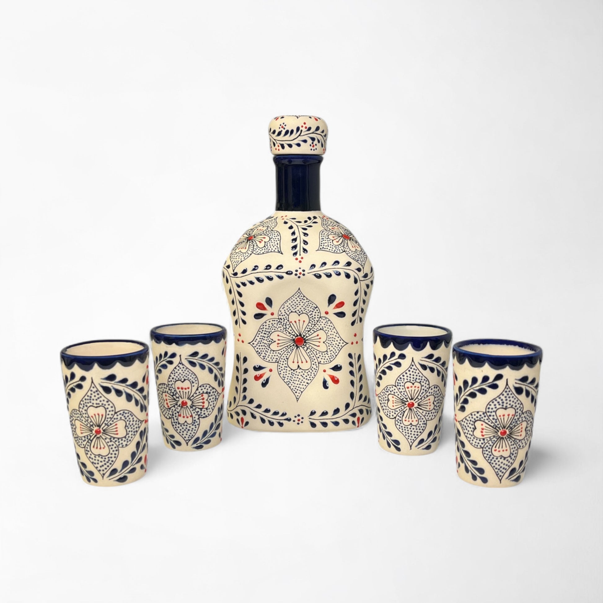 Tequila decanter and shot glasses with floral talavera design. handmade and painted