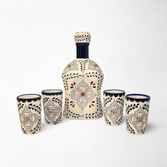 Tequila decanter and shot glasses with floral talavera design. handmade and painted