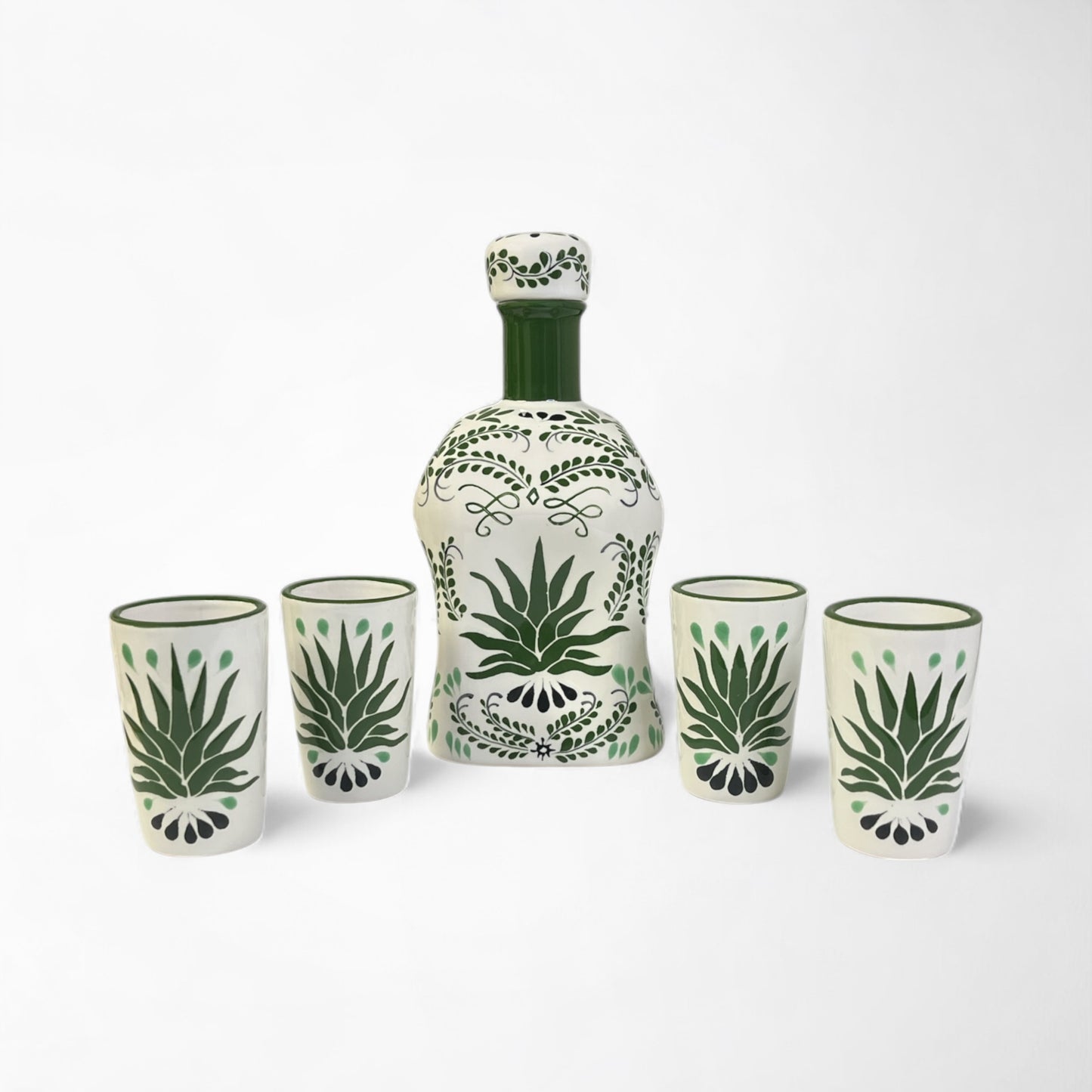Tequila ceramic decanter gift set with four shot glasses and green agave pattern talavera design. hand made and painted in Mexico
