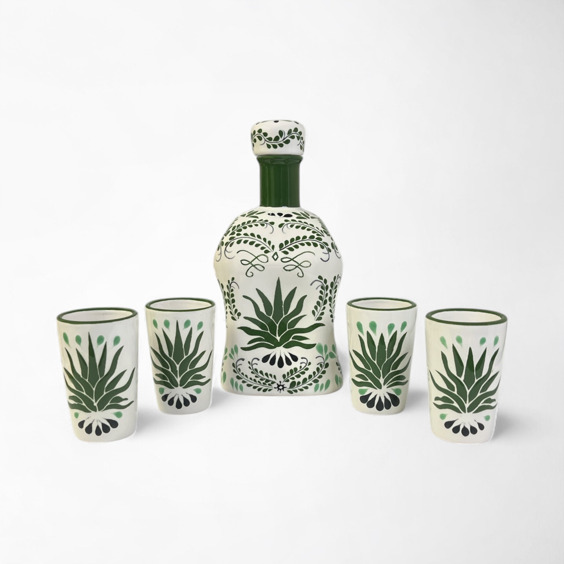 Tequila ceramic decanter gift set with four shot glasses and green agave pattern talavera design. hand made and painted in Mexico