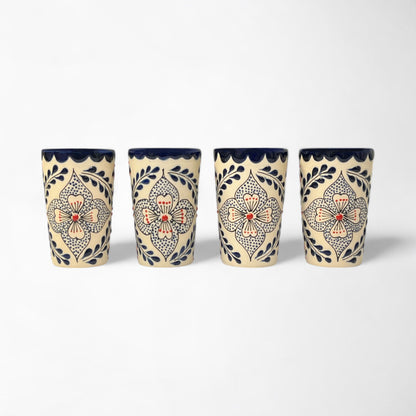 Handmade ceramic Mexican shot glass set with traditional Talavera floral design