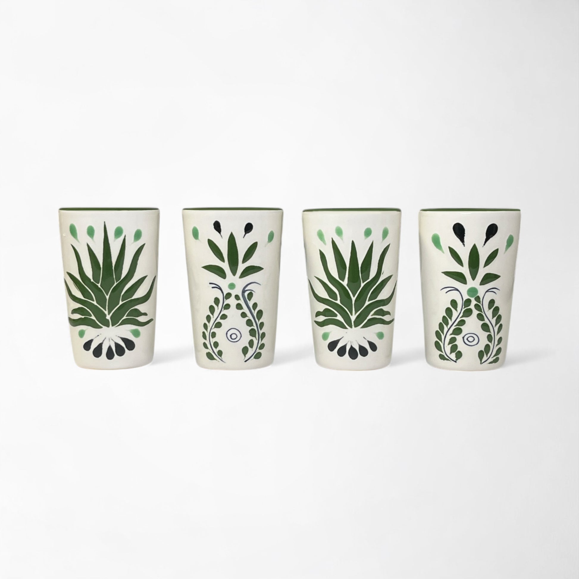 tequila shot glass barware gift set with four shot glasses and green agave pattern
