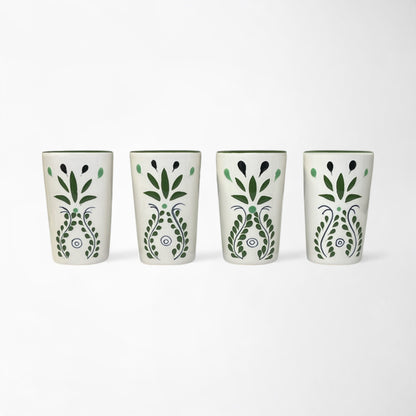 Handmade ceramic barware set, four shot glasses with traditional Mexican green agave design